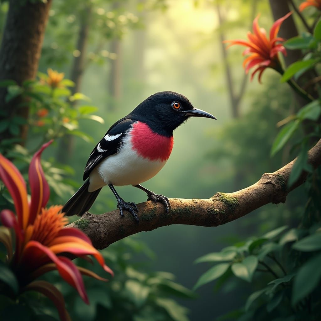 Rose-Breasted Grosbeak in Jungle, Hyperrealistic HDR Earth A...
