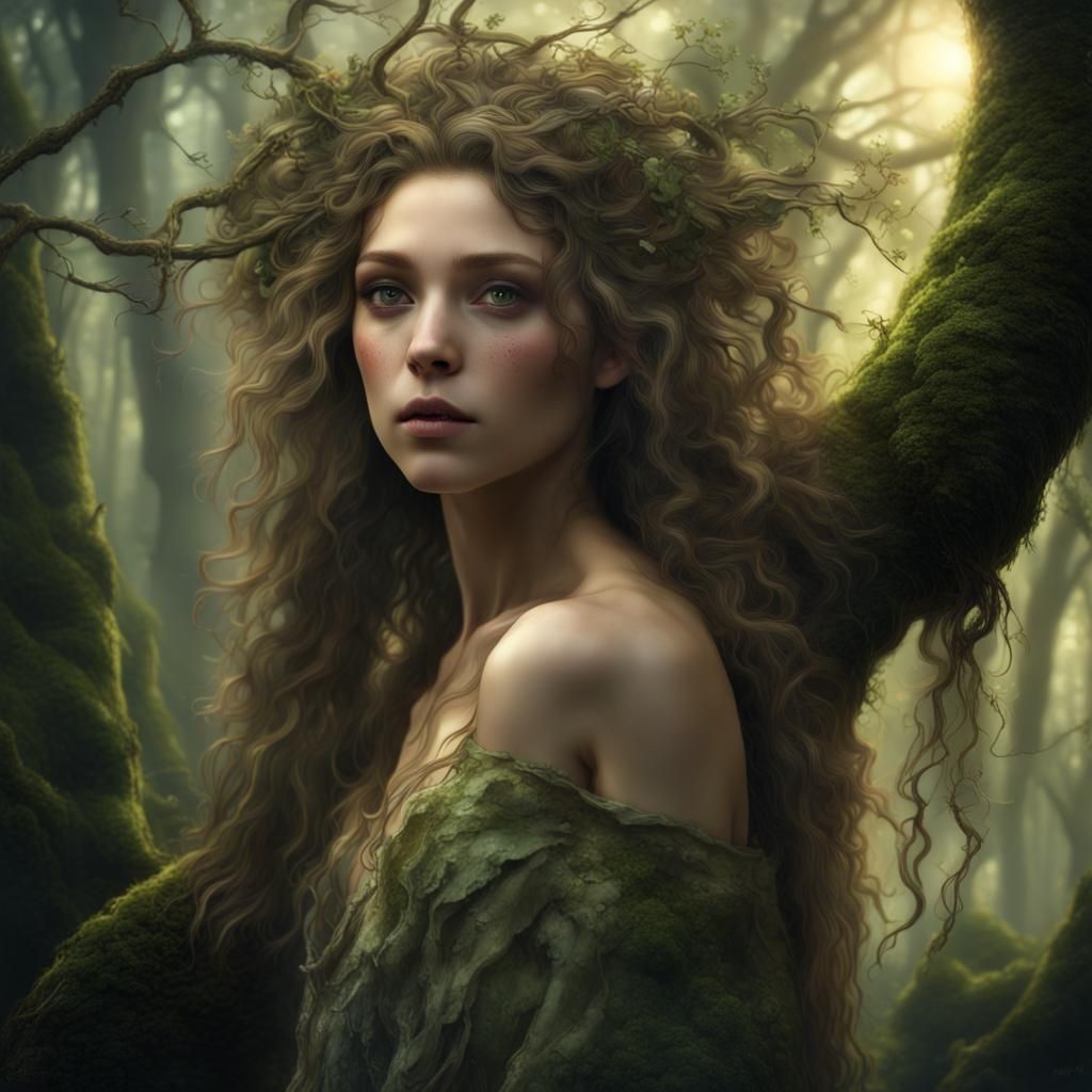 Forest Nymph in Mossy Forest, Digital Matte Painting
