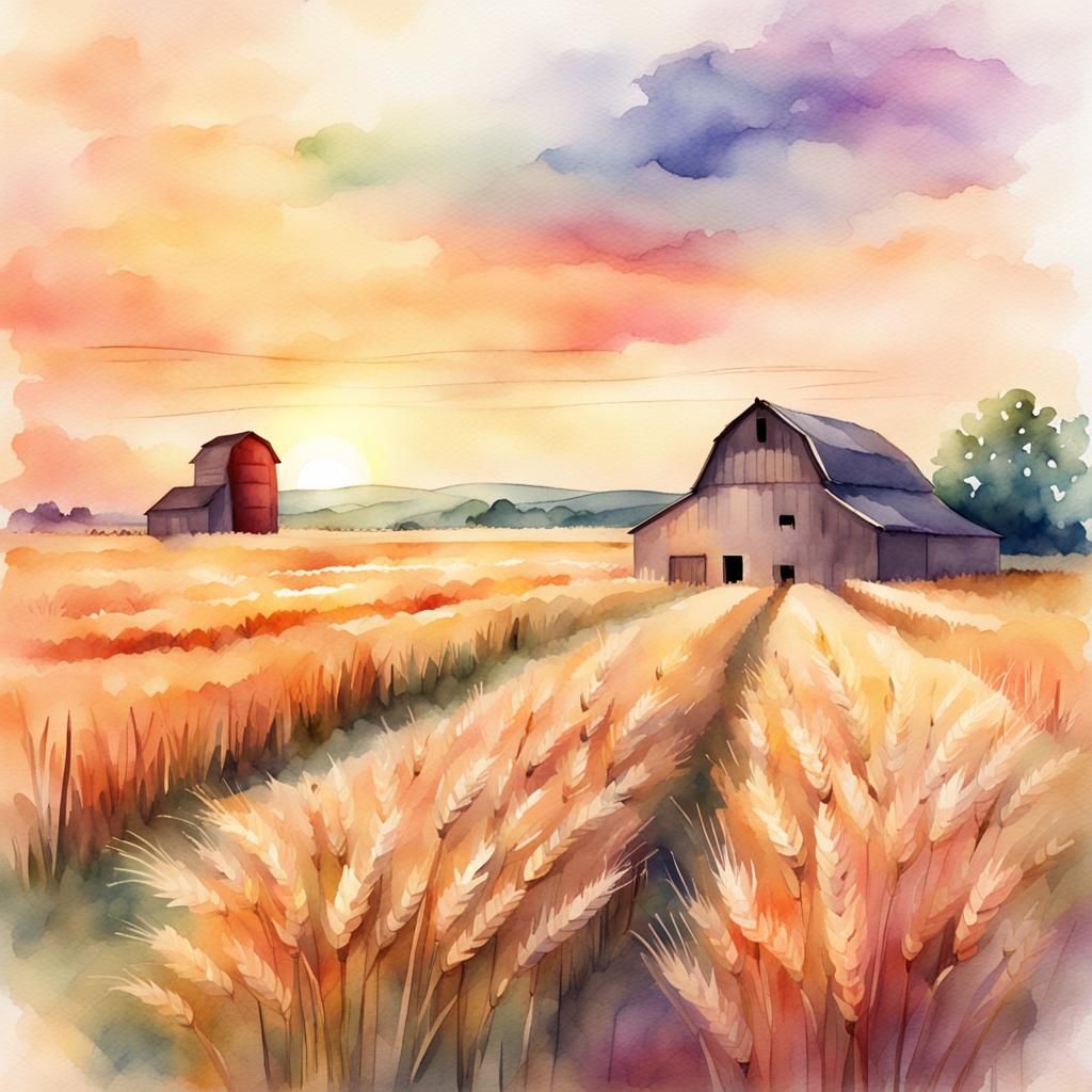 Tranquil Wheat Field at Sunset: Digital Watercolor