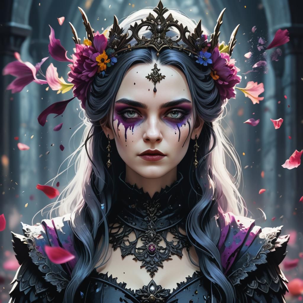 Medieval Goth Queen Portrait in Ink Splash Art