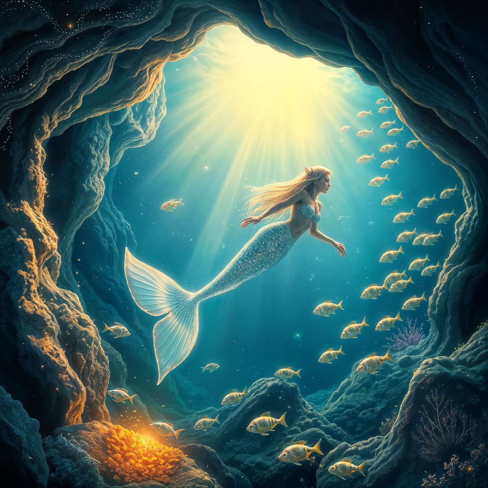 Glowing Underwater Cave Scene with Mermaids and Treasures