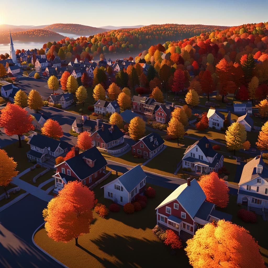 New England Town in Autumn: 3D Rendered Landscape