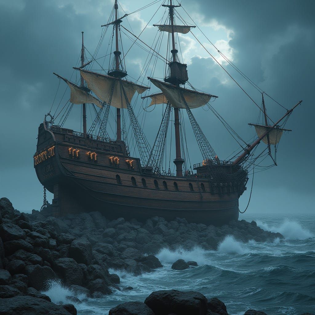 Stranded Sailing Ship Amidst a Server Farm in Stormy Weather