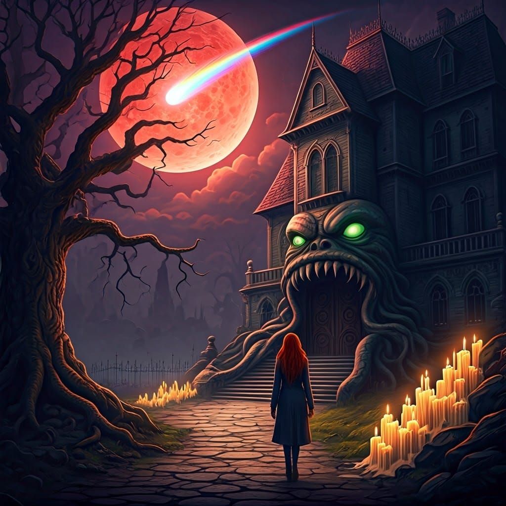 Gothic Horror: Woman Approaching Cthulhu Mansion