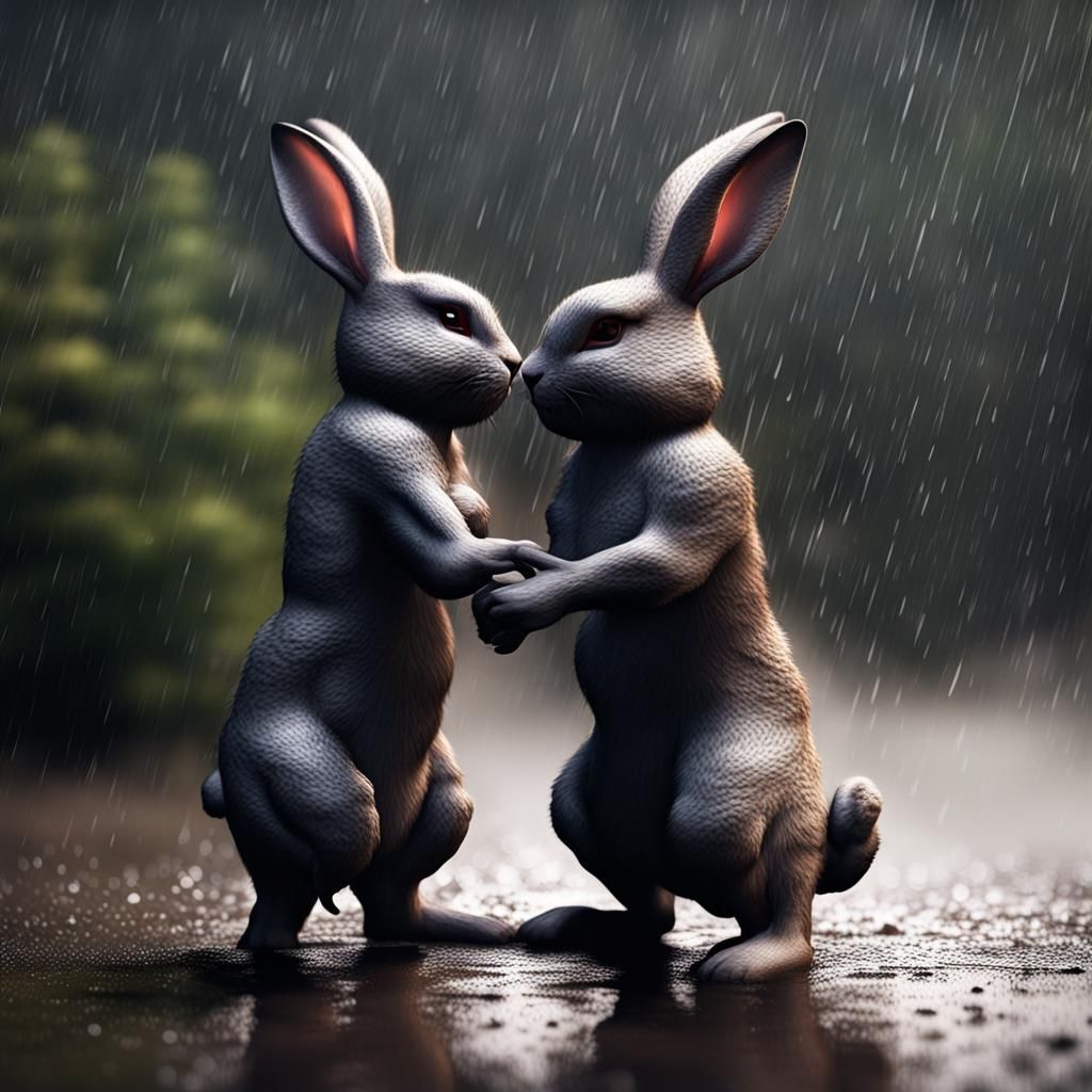 Rabbits Quarreling in Rain: 3D Rendered Scene