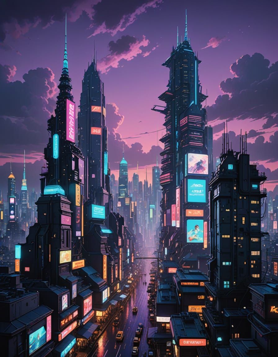 Cyberpunk Cityscape at Night with Neon Lights