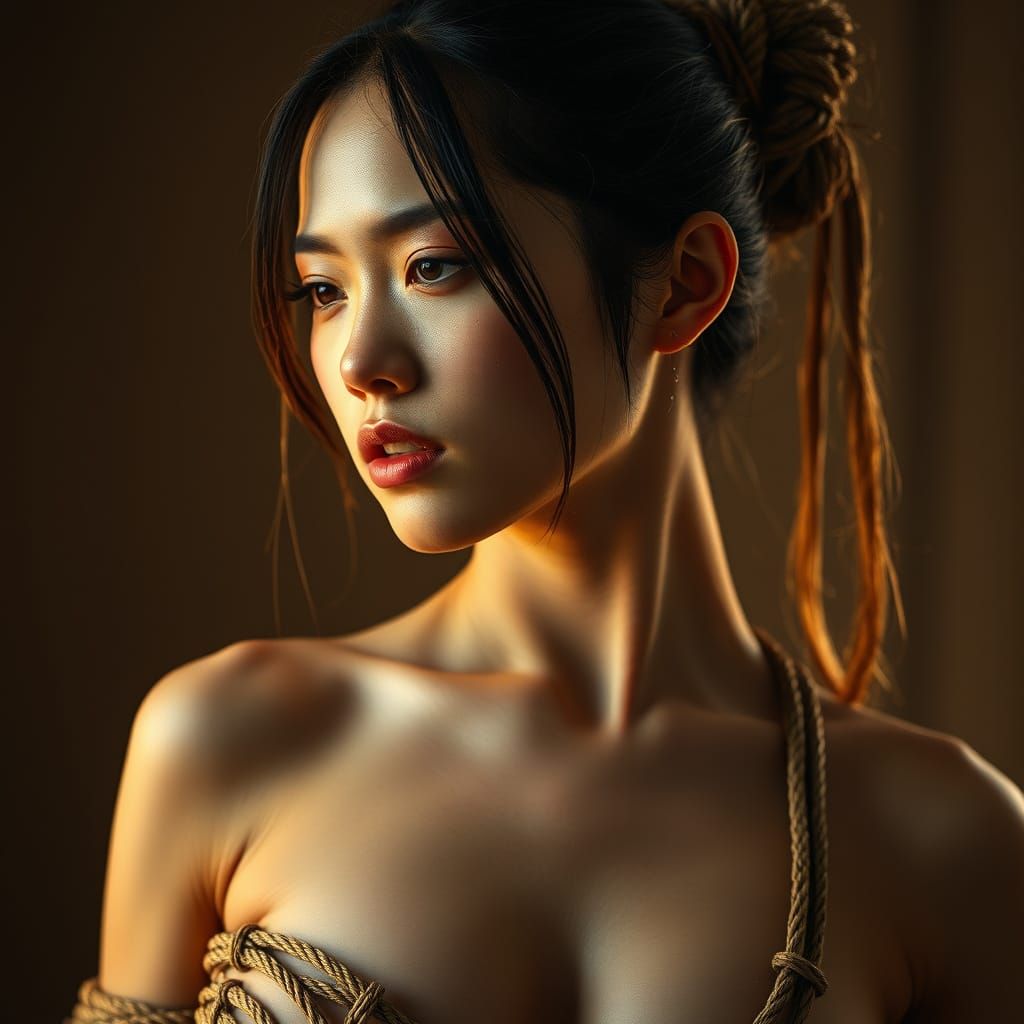 Elegant Woman in Kinbaku Shibari Bondage, Highlighting Natur...