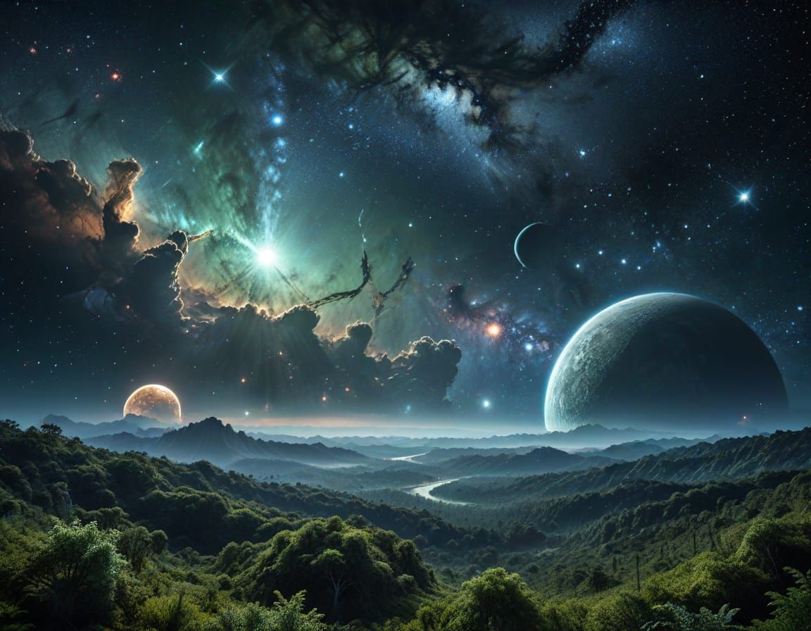 Surreal Galactic Panorama with Earth and Forest-Covered Moon