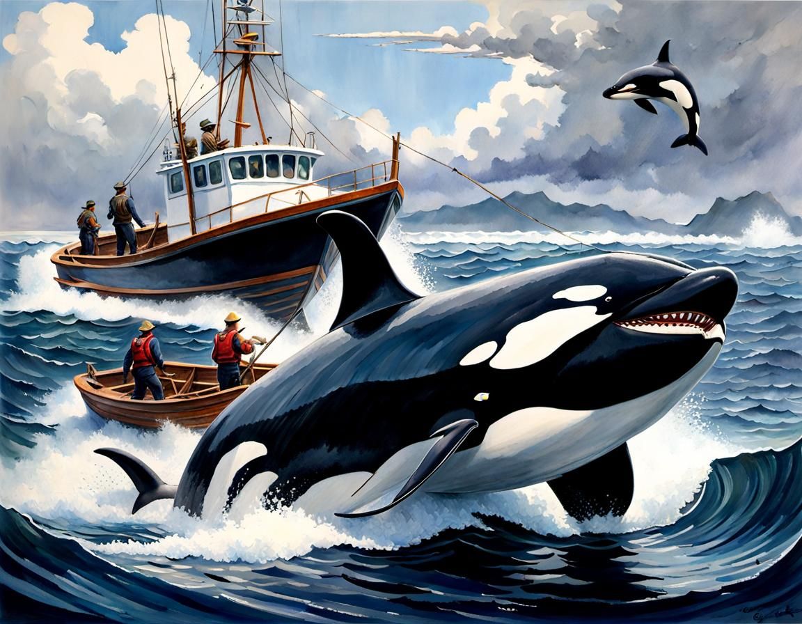 Orca Attack on Fishing Boat, Gouache Watercolor Style