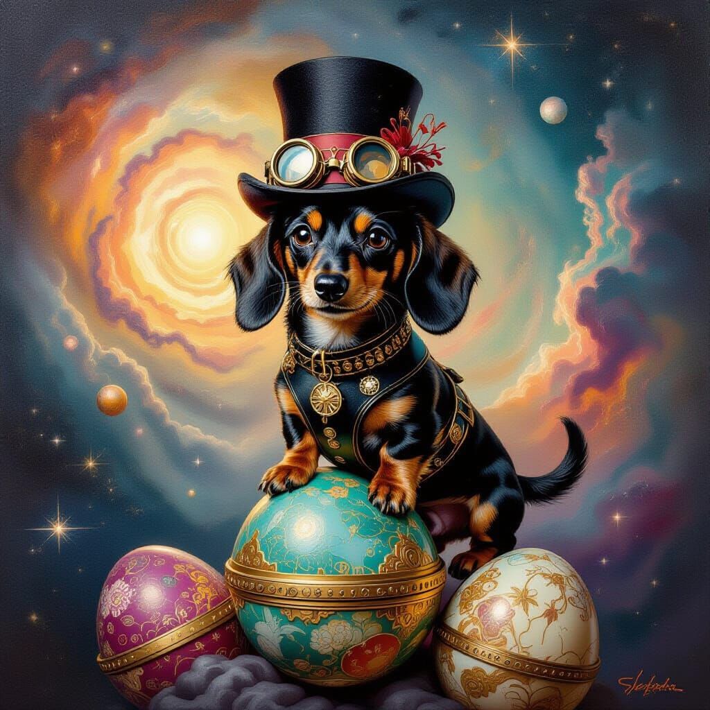 Steampunk Dachshund on Fabergé Eggs in Oil Painting Style