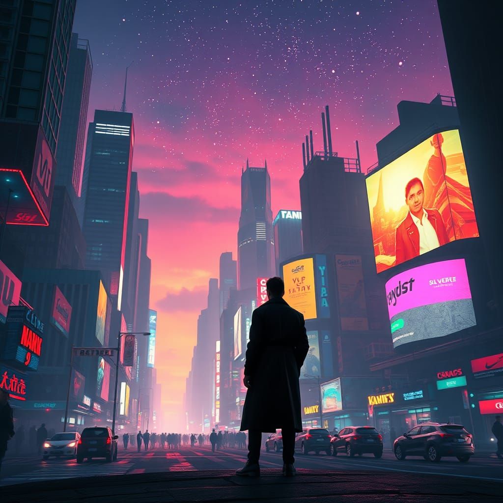Cyberpunk Cityscape at Dusk: A Moment of Reflection