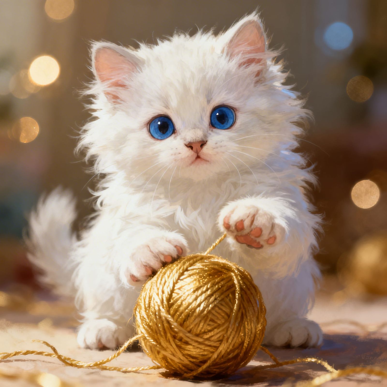 Fluffy Kitten Plays with Yarn Ball in Studio Lighting
