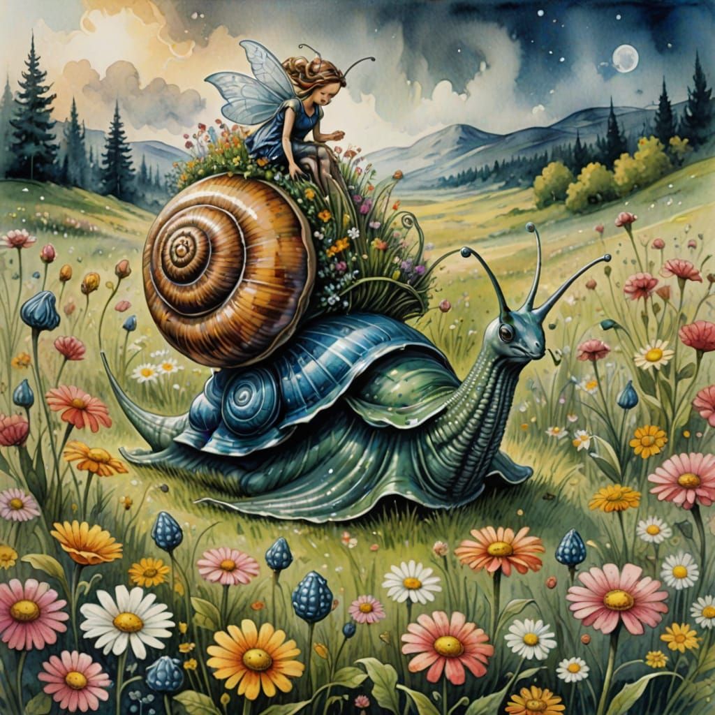 Ethereal Fairy Rides a Snail in a Vibrant Watercolor Meadow