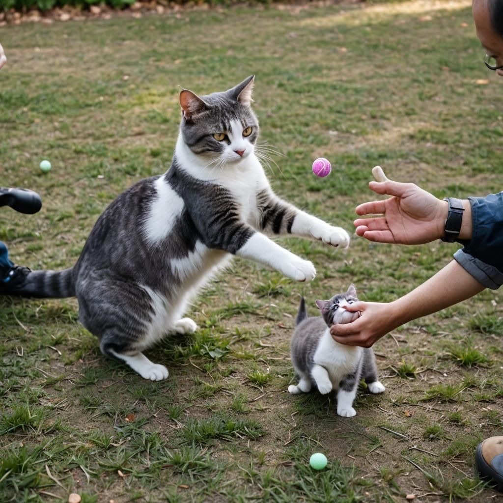 Grey and White Cat Plays Fetch