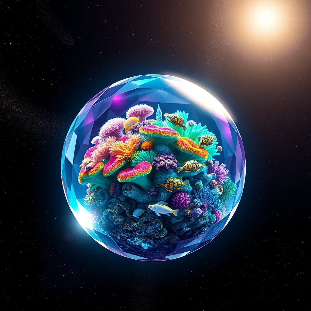 Coral Reef in Crystal Sphere Floating in Space