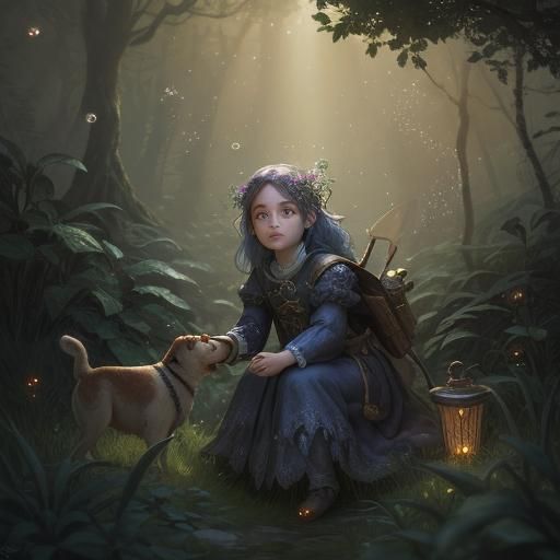 Girl and Dog in Forest of Bubbles, Fantasy Art
