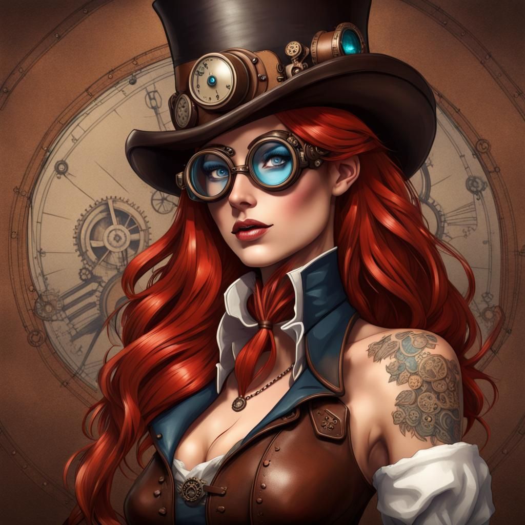 A gorgeous steampunk woman, long red hair, dark eye makeup, ...