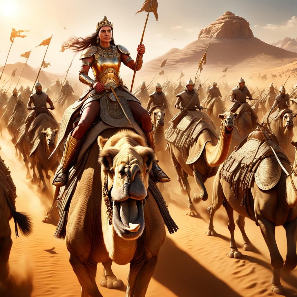 Warrior Queen Leads Camel Army: Hyper-Realistic Vista