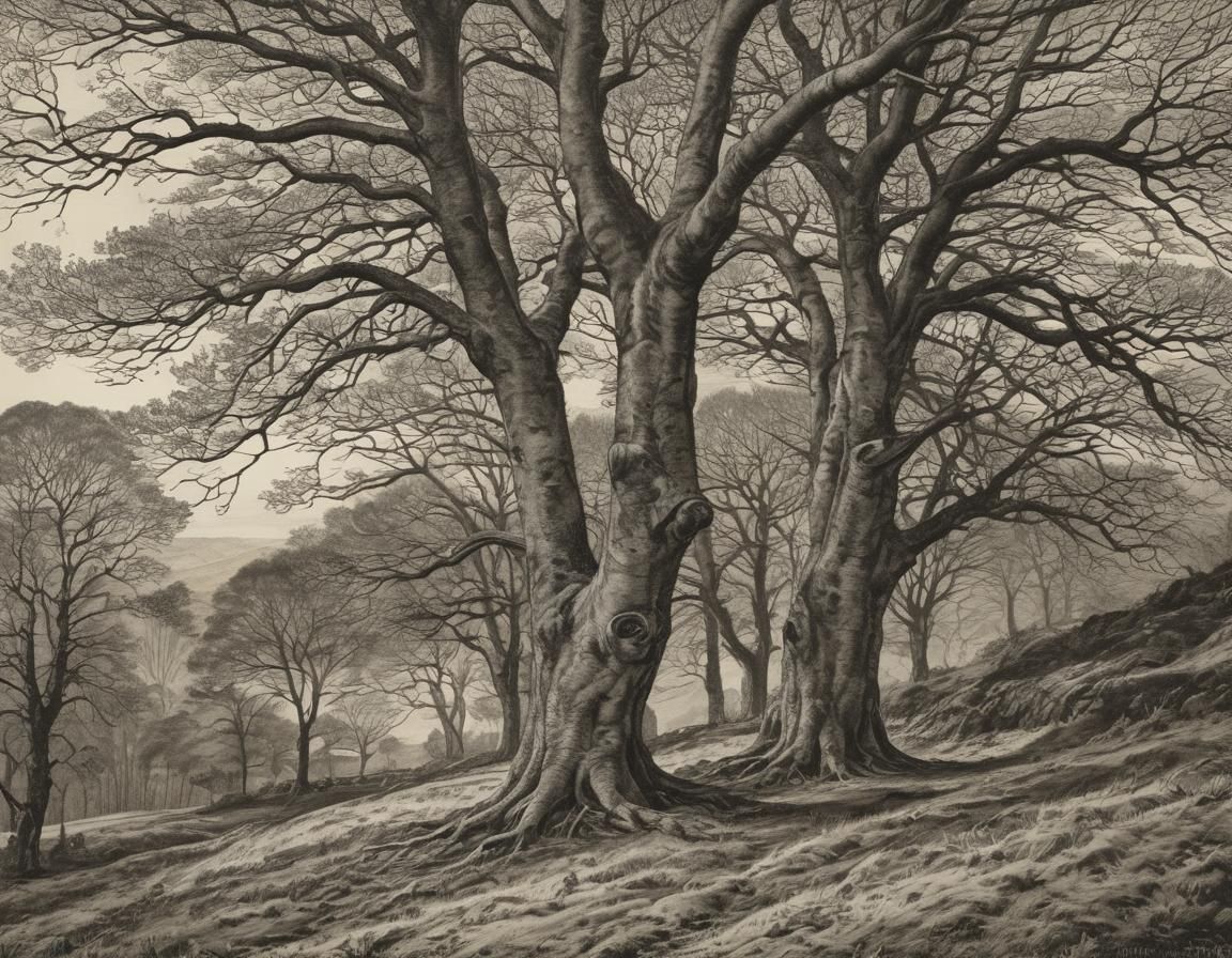 Ancient Beech Trees in Brown Tones, as Intricate Etching