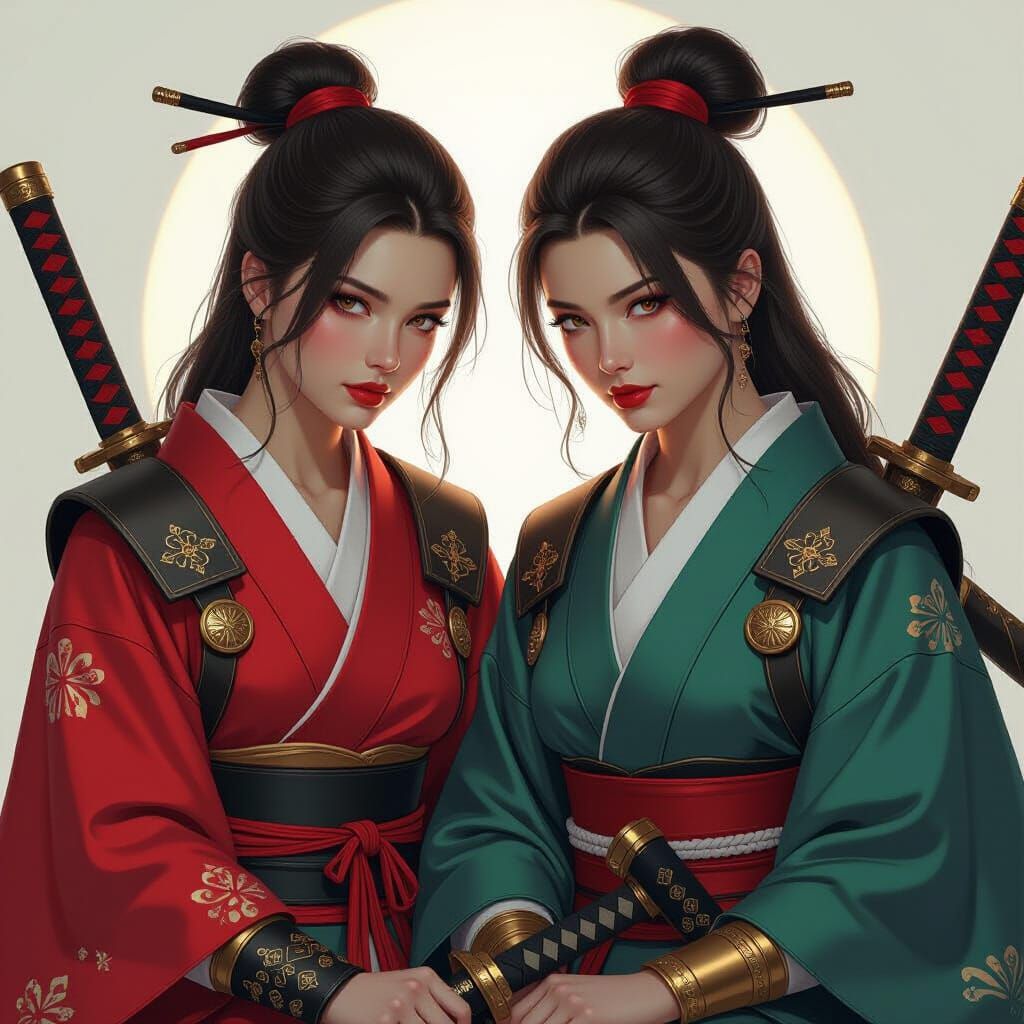 Two Young Samurai Women Resting After Battle