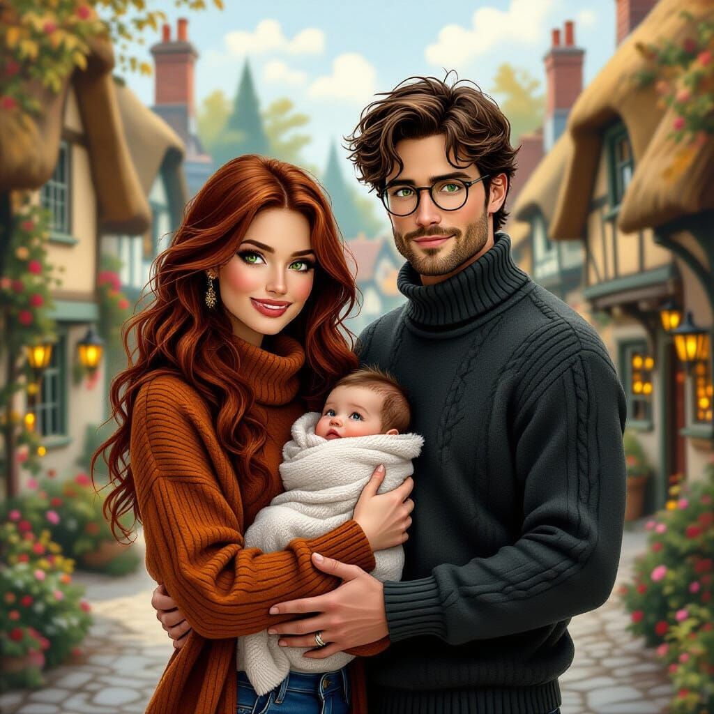 Magical Family in Quaint Village, Whimsical Art