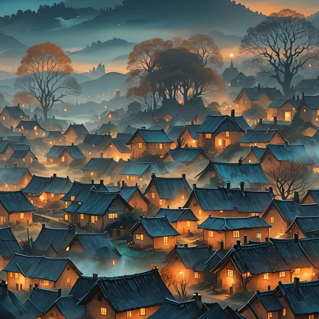 Mystical Village in Atmospheric Digital Painting