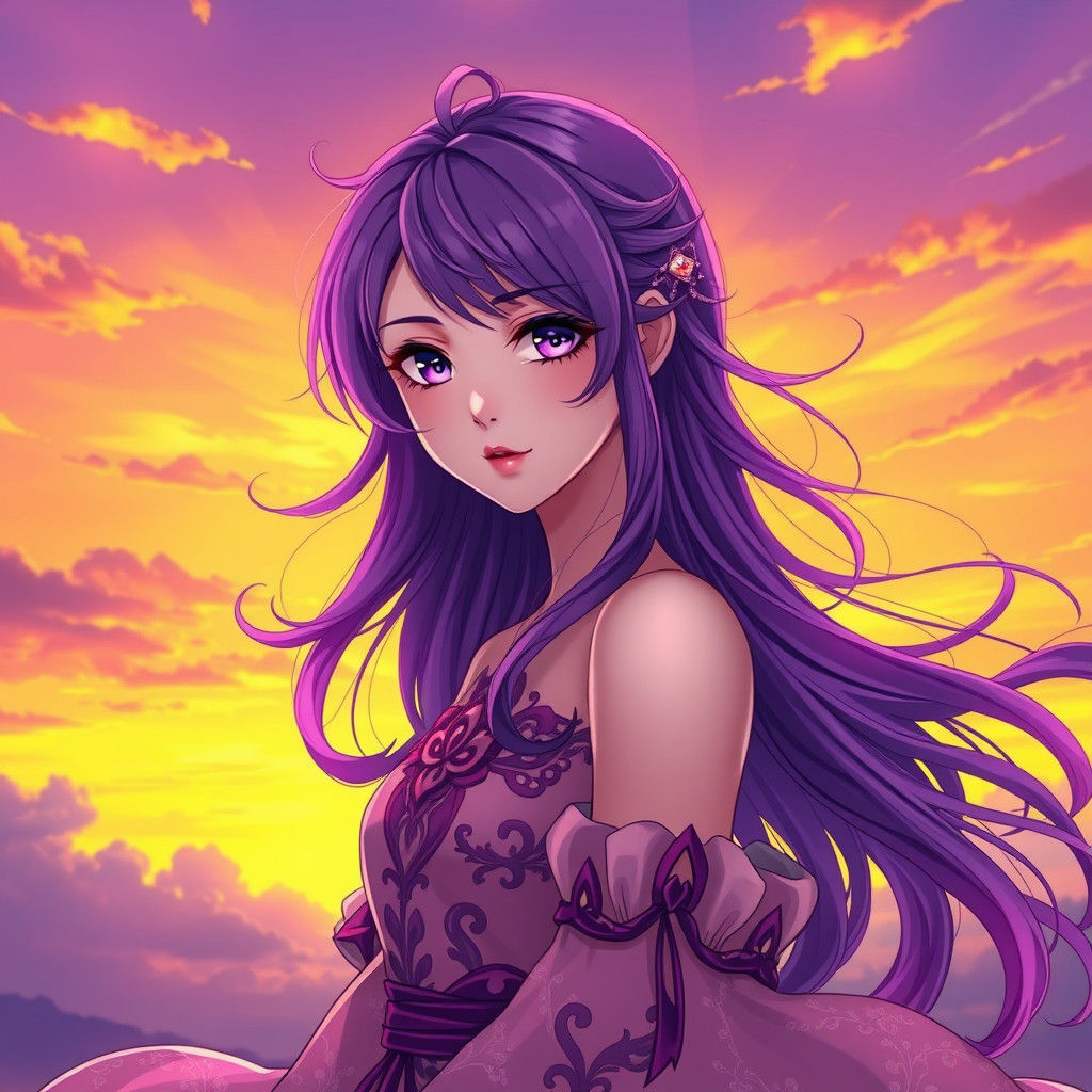 Anime Woman with Purple Hair and Ombre Sky