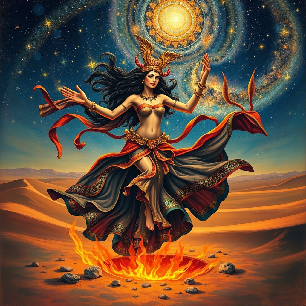 Goddess Uzza Dances Under Starry Desert Skies in Vibrant, Dr...