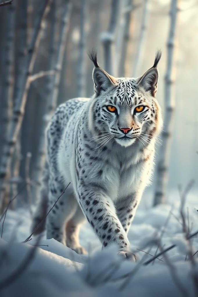 Surreal Winter Lynx in Snowy Forest with Intense Gaze