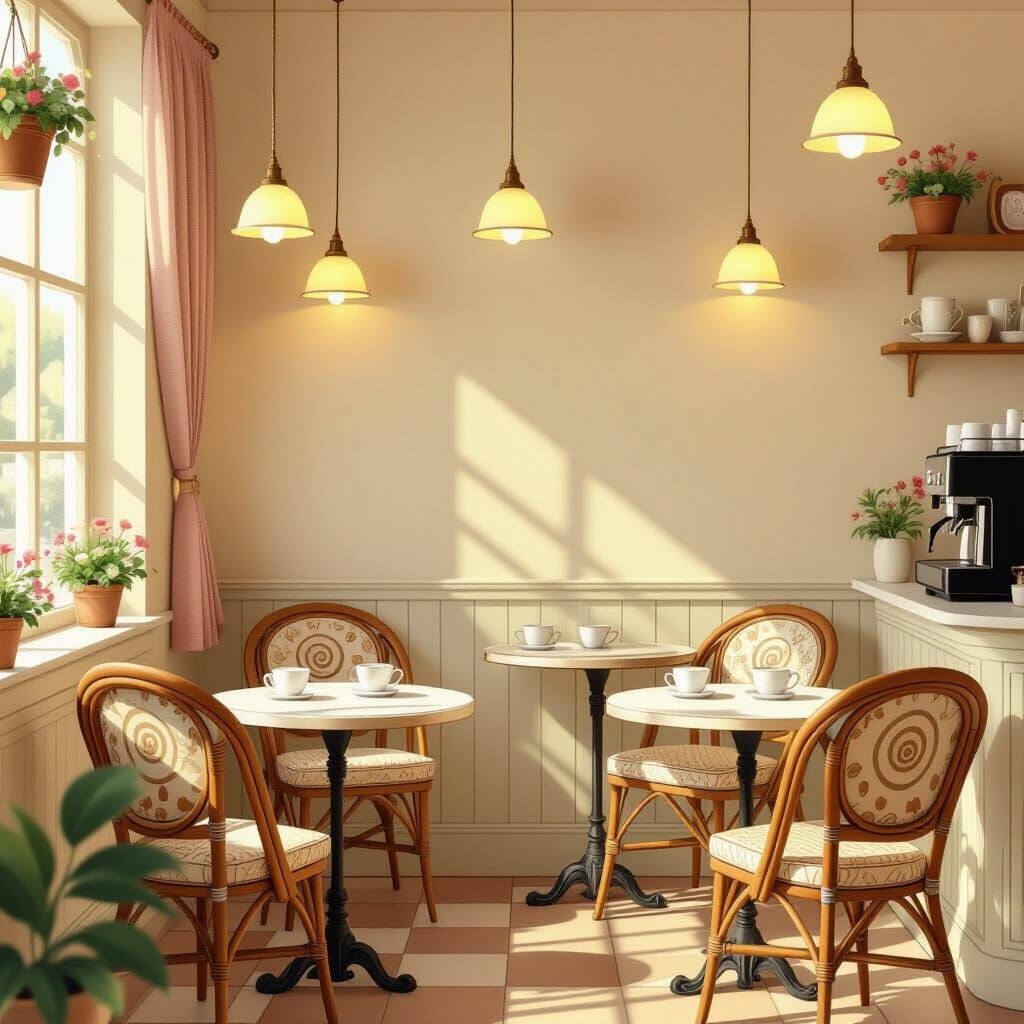 Cozy Cafe Interior with Ornate Chairs and Soft Lighting