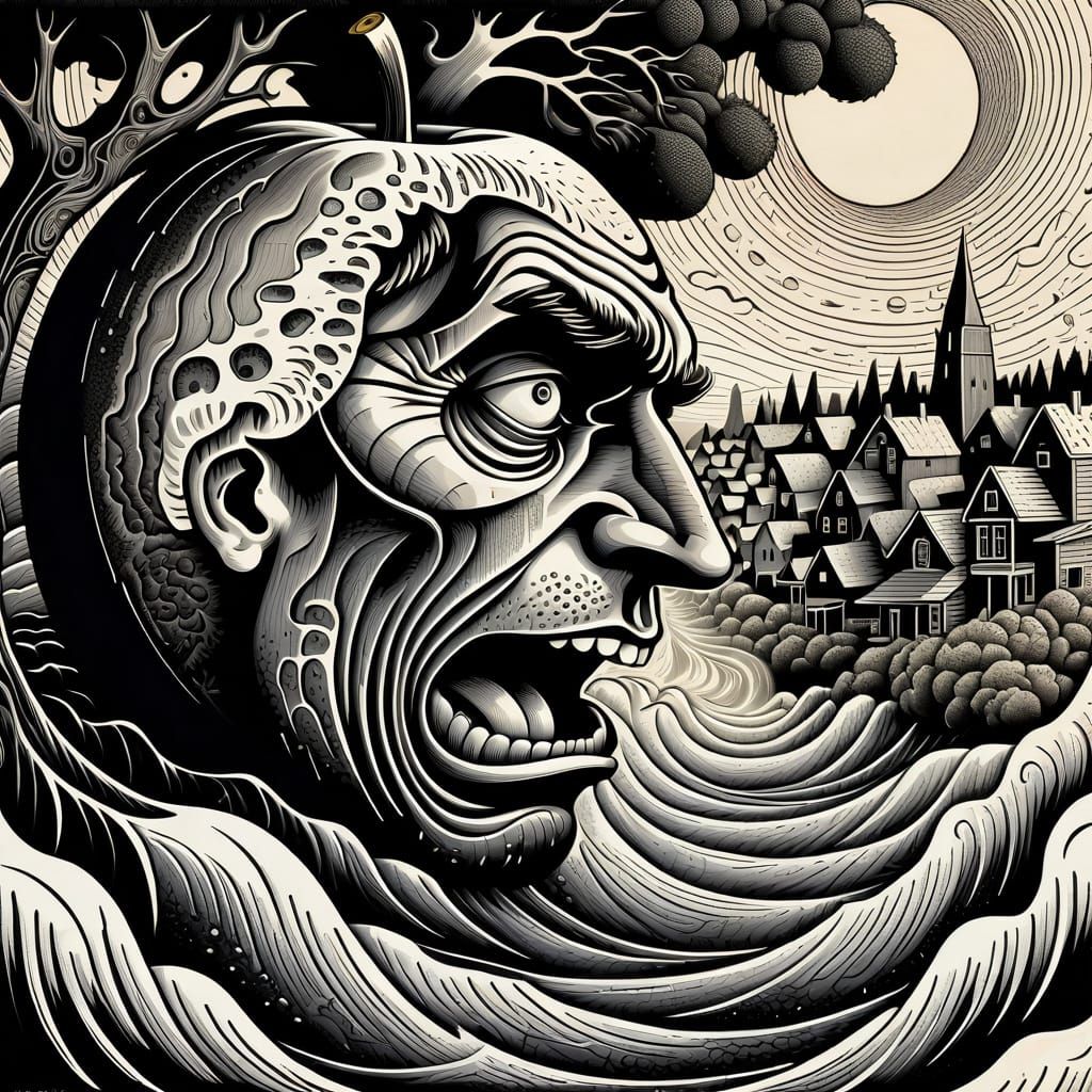 Disturbing Woodcut Print of Man Crying into Apple