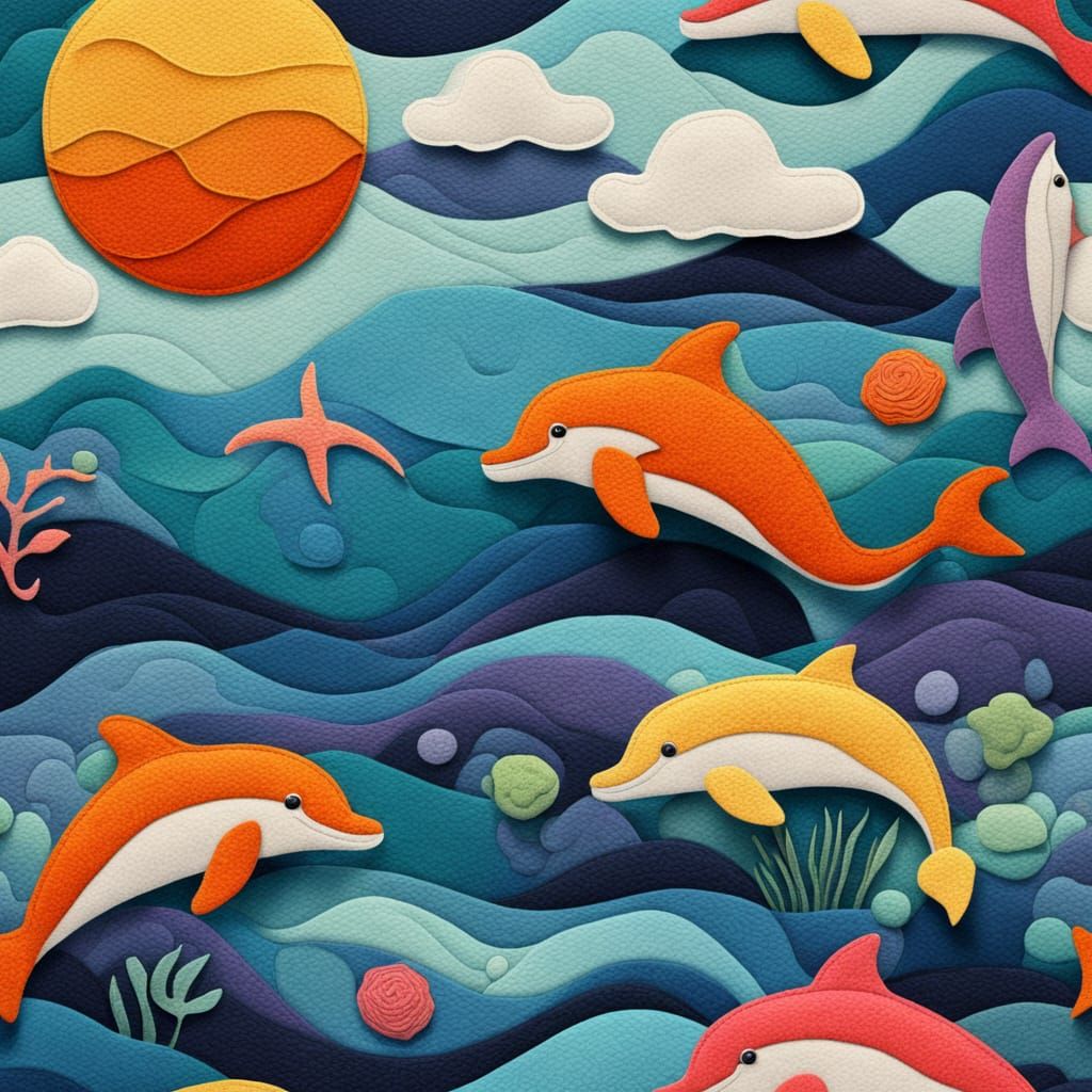 3D Felt Art of Dolphin and Sea World in Cubism Style