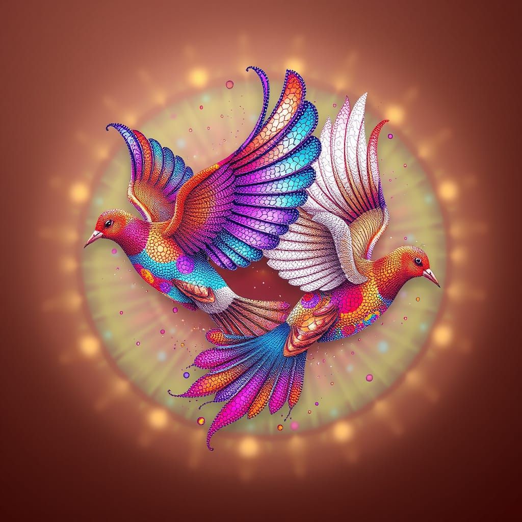 Doves in Vibrant Pointillism Flight