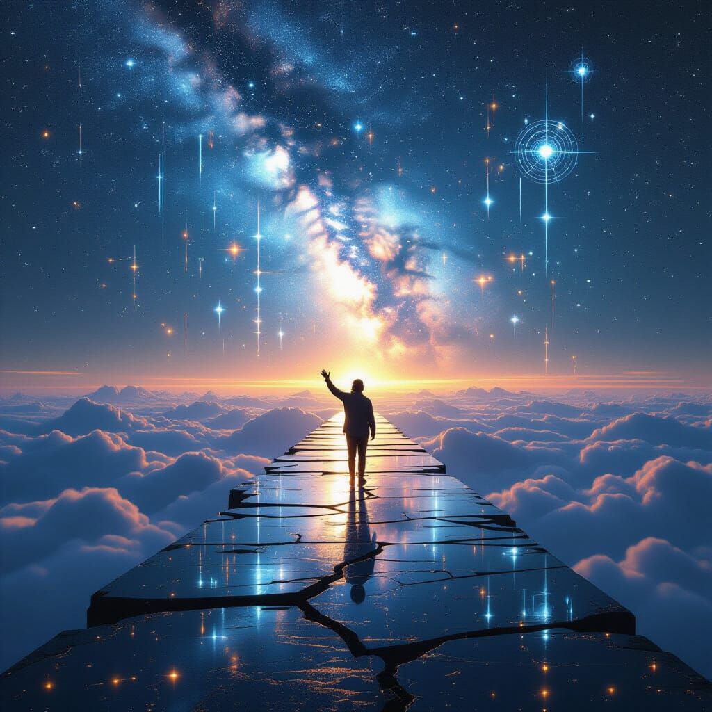 Cosmic Void Bridge: Figure Reaches for Radiant Light