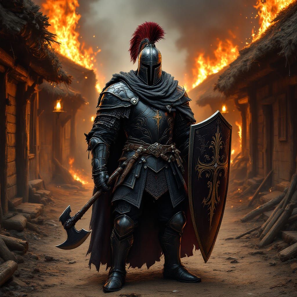 Valiant Knight Amidst Inferno, Hyper-Realistic Illustration