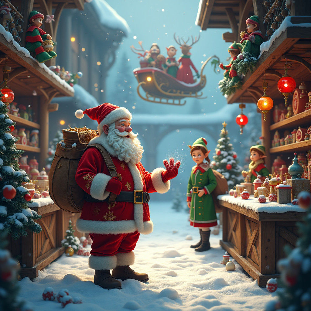 Jolly Santa Claus in Whimsical North Pole Toy Shoppe