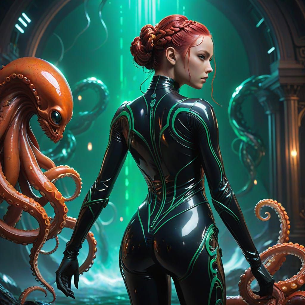 Alluring Alien Goddess with Braided Red Hair and PVC Bodysui...