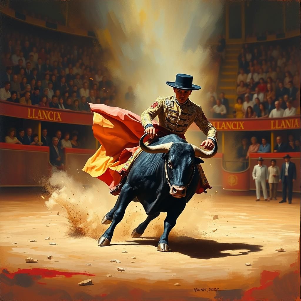 Spanish Matador Evades Bull in Sunlit Arena