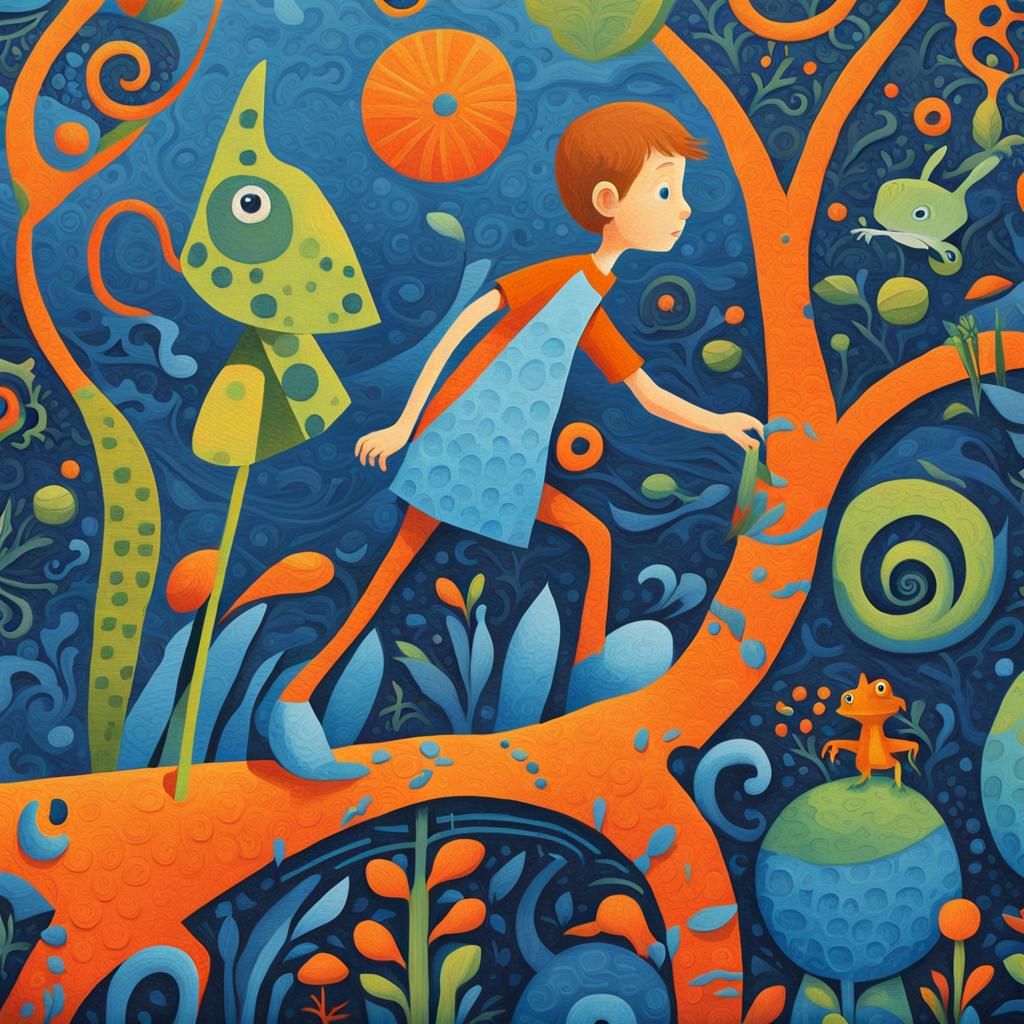 Vibrant Abstract Art: Child Leads Animals on Pogo Stick
