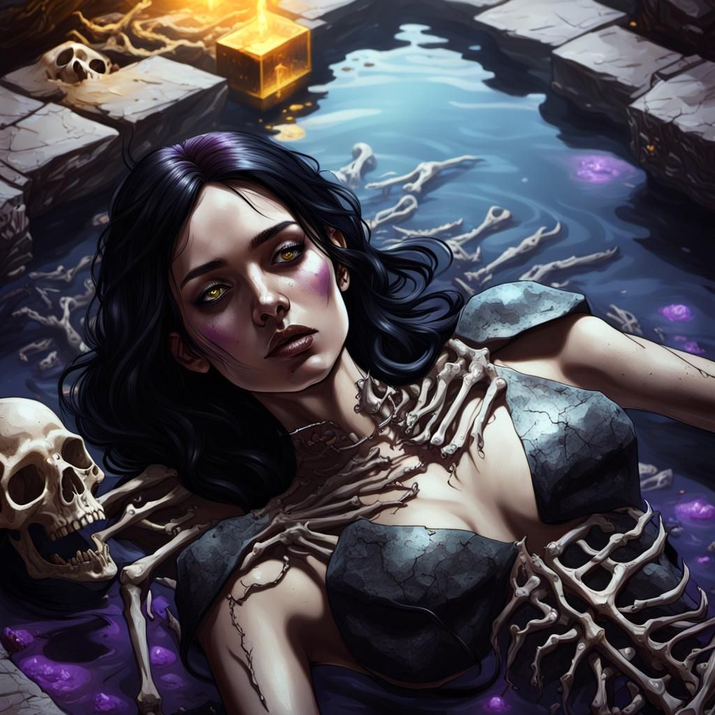 Eerie Pool: Dark Fantasy Woman in Bone Bath