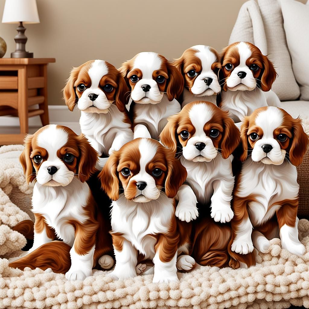 Cavalier King Charles Spaniel Puppies in Oil Painting