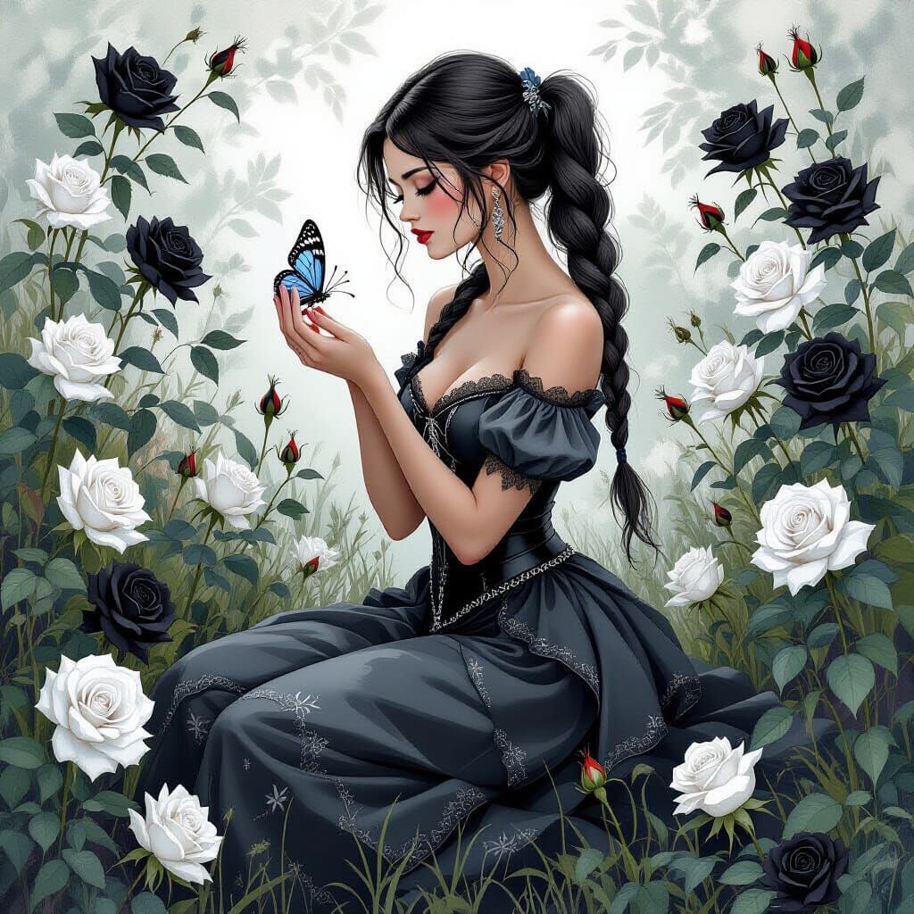 Elegant Woman in Rose Garden, Digital Watercolor Style