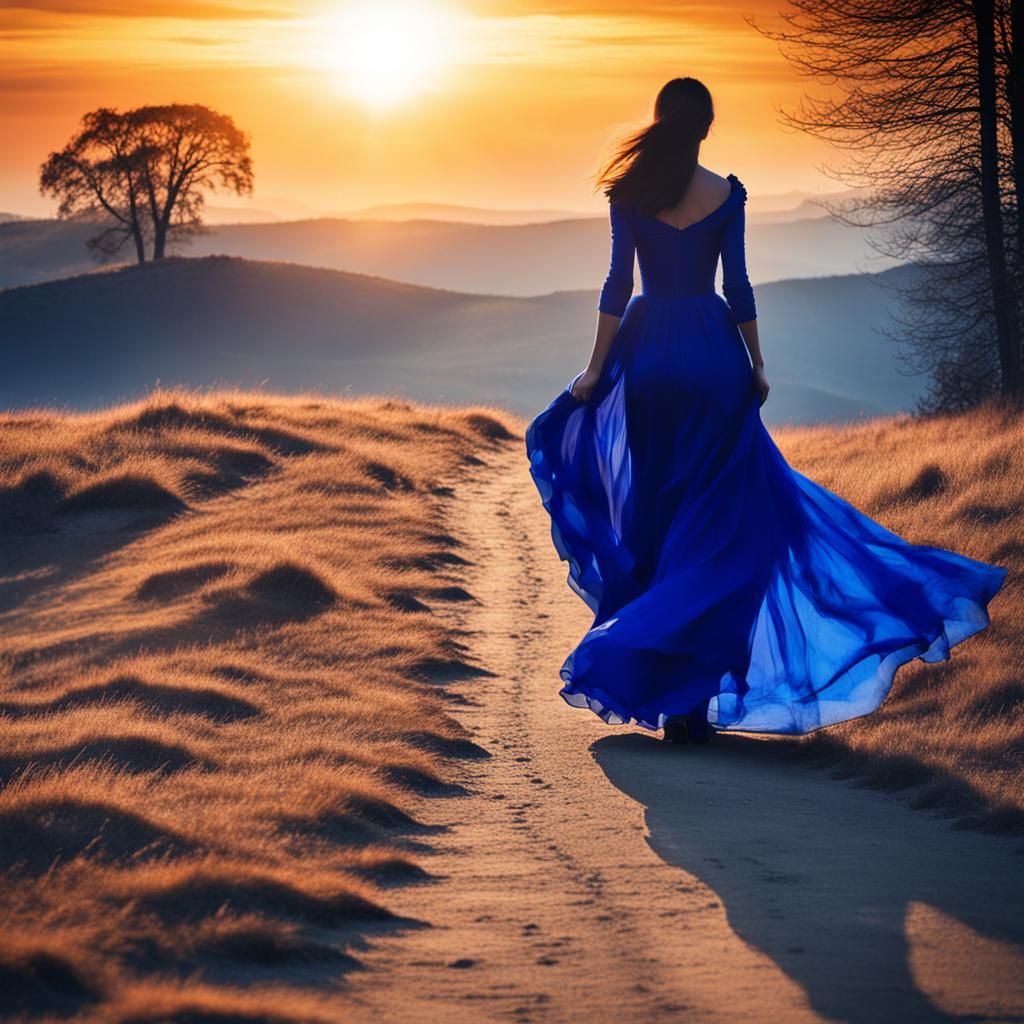 Silhouette of Woman in Blue Gown at Sunrise