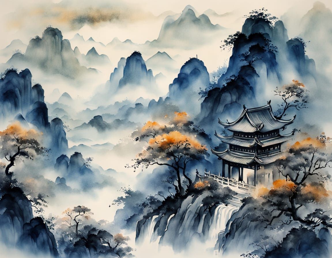 Ornate Vase Depicting Indigo Mountains in Shan Shui Style