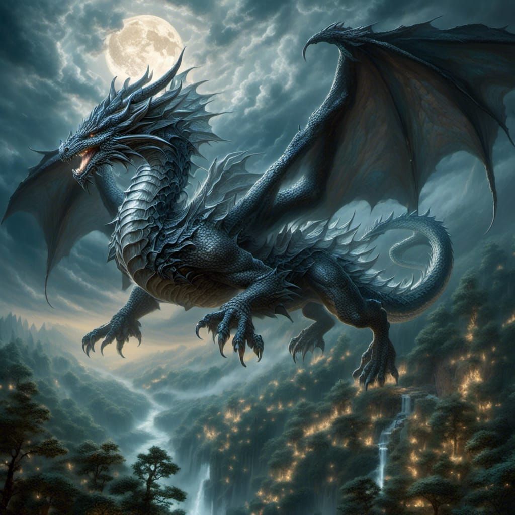 Silver Dragon Flight over Dark Forest, Fantasy Art