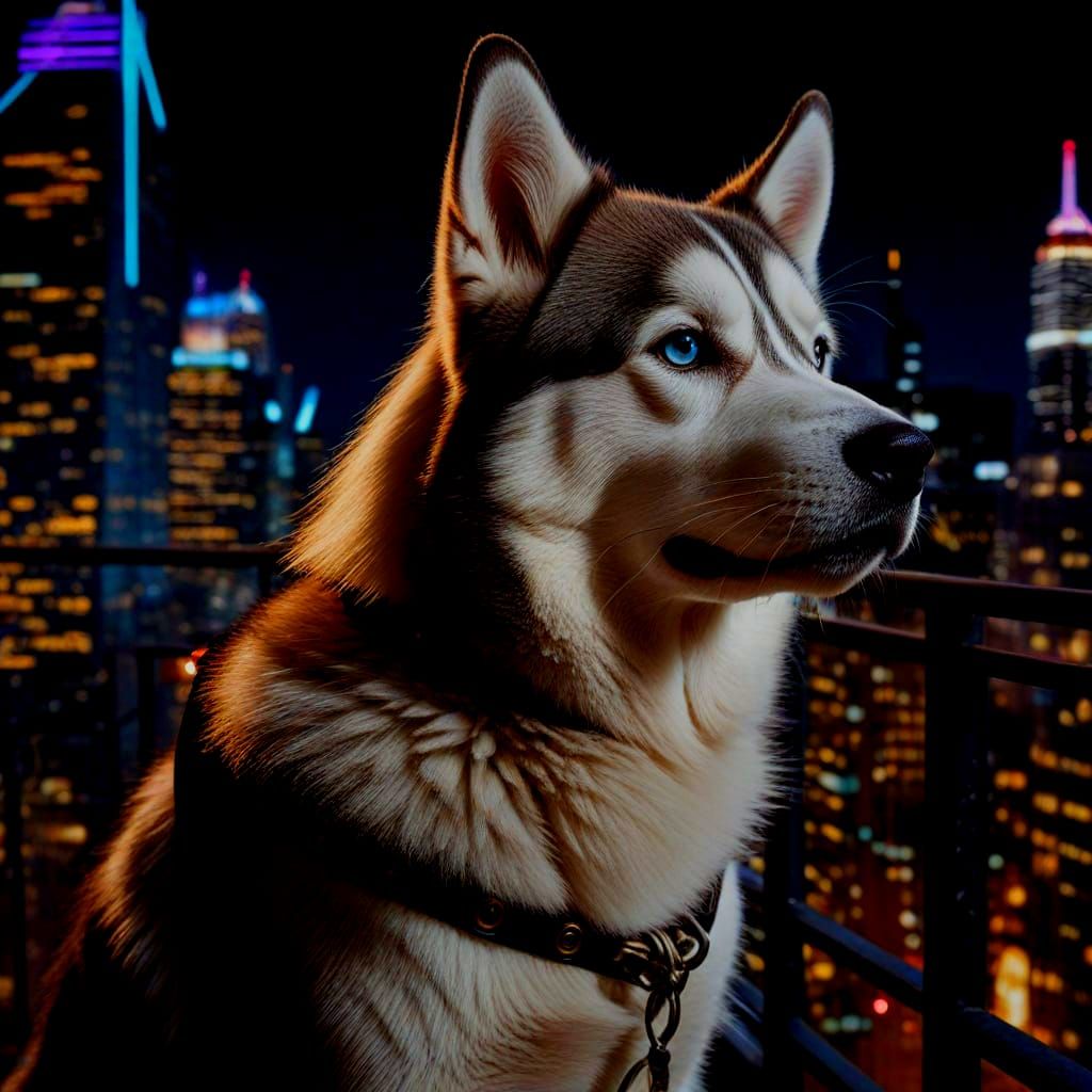Siberian Husky Surveys Steampunk City in Neon Lights
