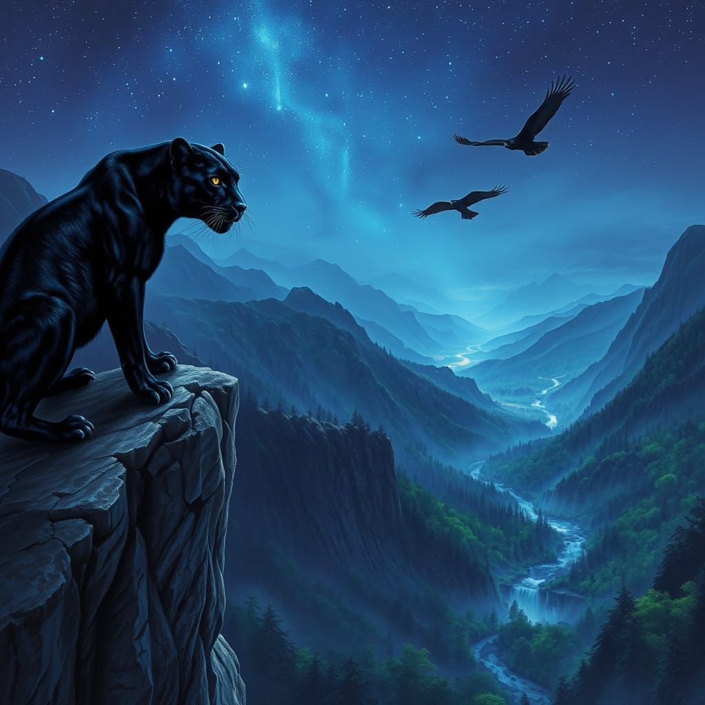 Majestic Panther Under Starlight in Greg Rutkowski Style