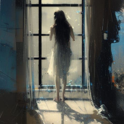 Girl in Black Dress Gazing at Moonlit Window