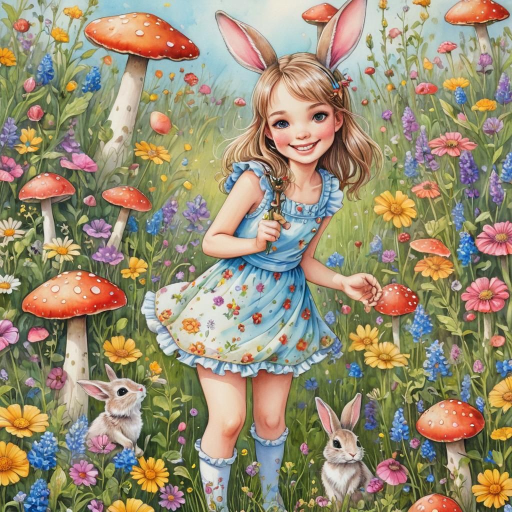 Charming Storybook Girl with Rabbit in Candy Art Style