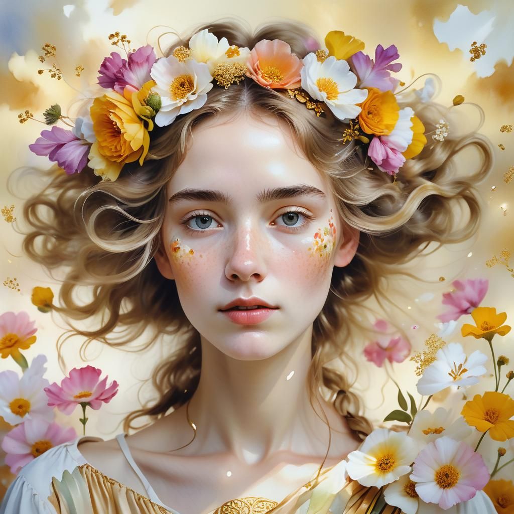 Woman Adorned in Golden Flowers, amidst a Soft, Heavenly Lan...